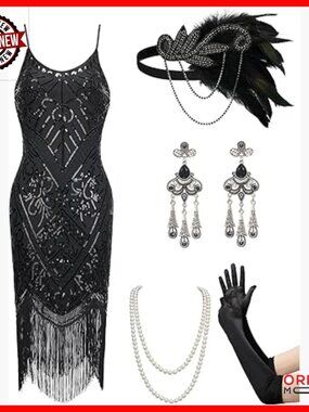 Sequin Fringe Flapper Dress 1920s Gatsby Cocktail Party X-Large